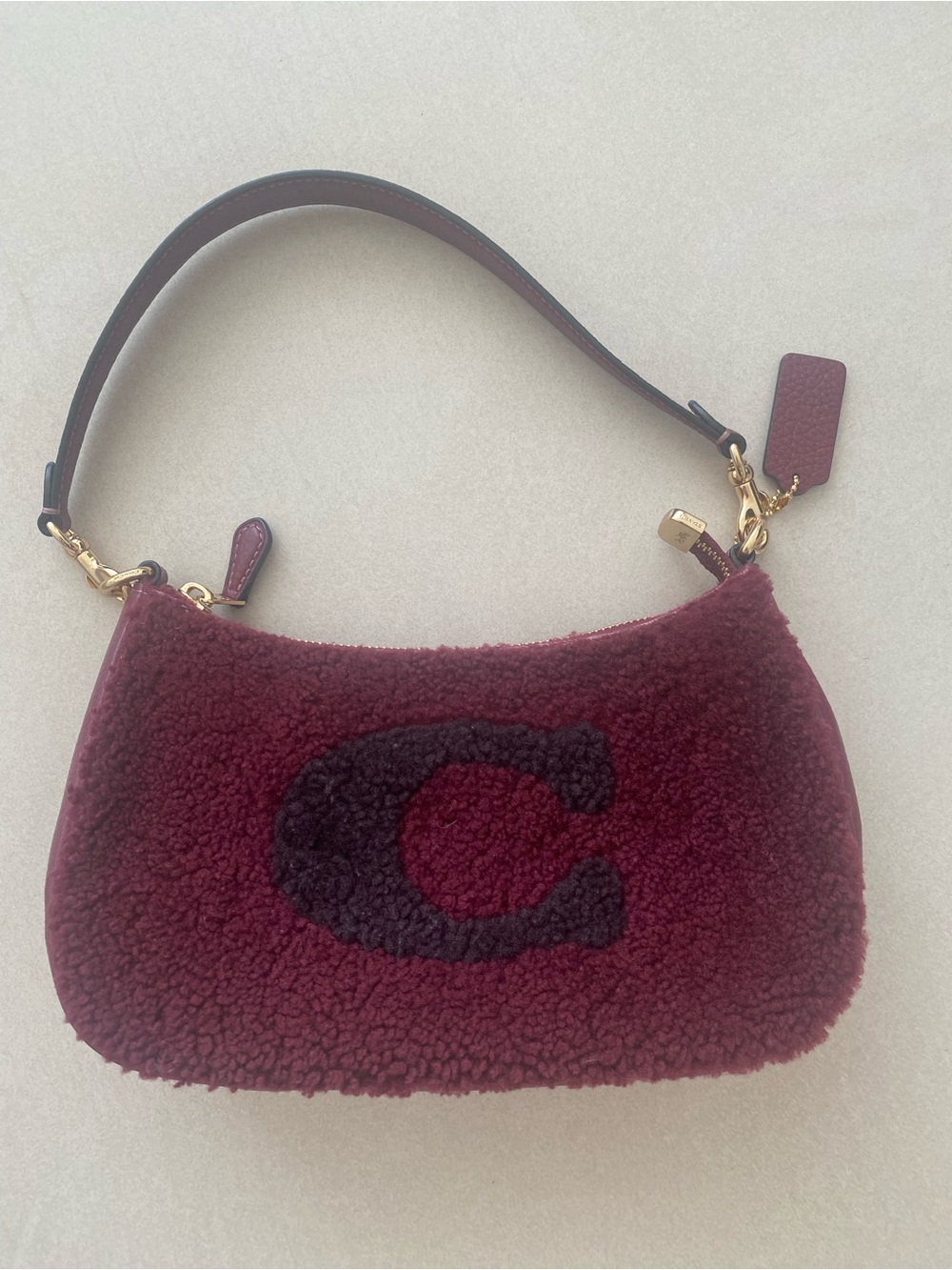 Coach Burgundy Shearling Hobo shoulder bag with Dark 'C' Accent